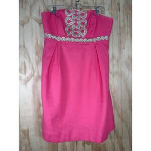 Lilly Pulitzer Gold Embroidered Trim Pink Chevron Print Sleeveless Dress Size 12